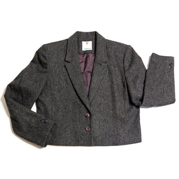 VTG 90s College Town Wool Blazer Womens M Crop Long Slv Gray lined Button Up - Picture 1 of 11